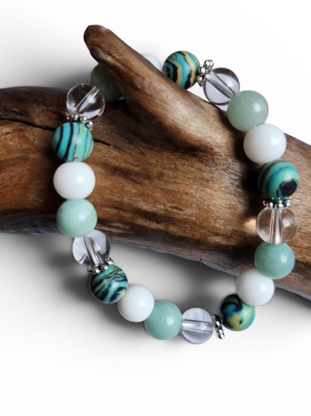 Handmade Aqua & White Malachite Beaded Stretch Bracelet